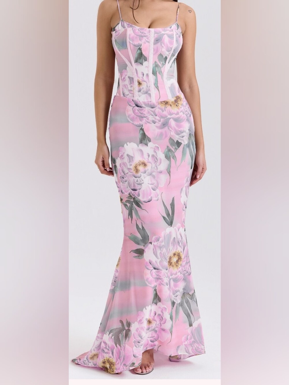 pink floral corset maxi dress